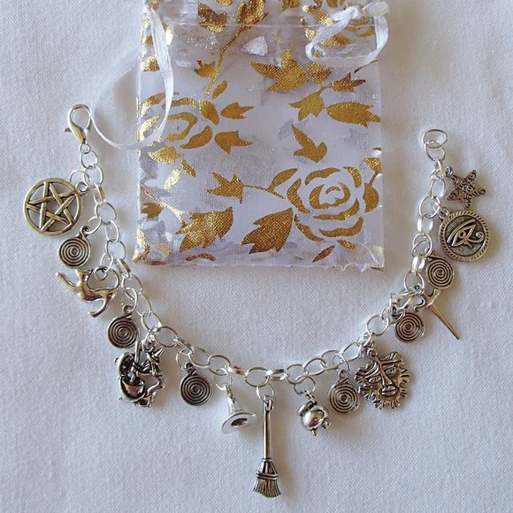 Wicca Witch Pagan Theme Charm Bracelet SP Handcrafted + Organza Roses Gift Bag - Picture 1 of 8